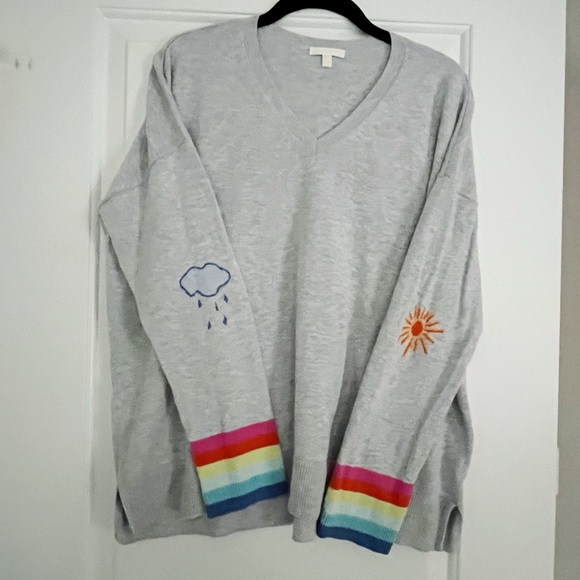 Lisa Todd Sweaters - Lisa Todd Light Gray V-Neck Sweater with Rainbow Cuffs